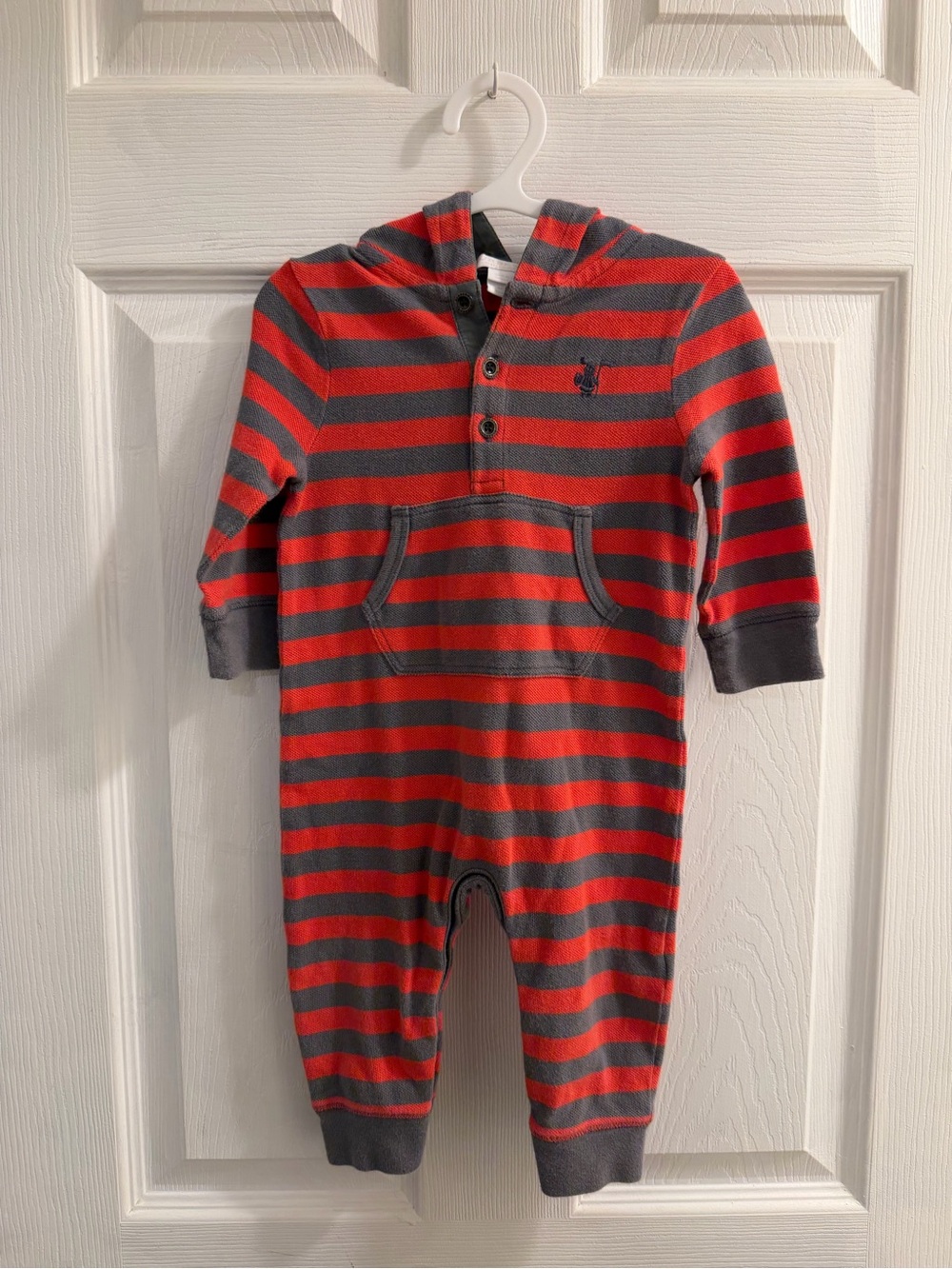Burberry Red and Gray Striped Hooded Romper One-Piece